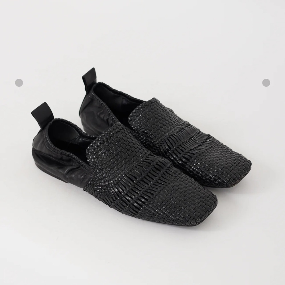 Celine Woven Leather Flat Squared Toe Loafer; Size: 37; Black
